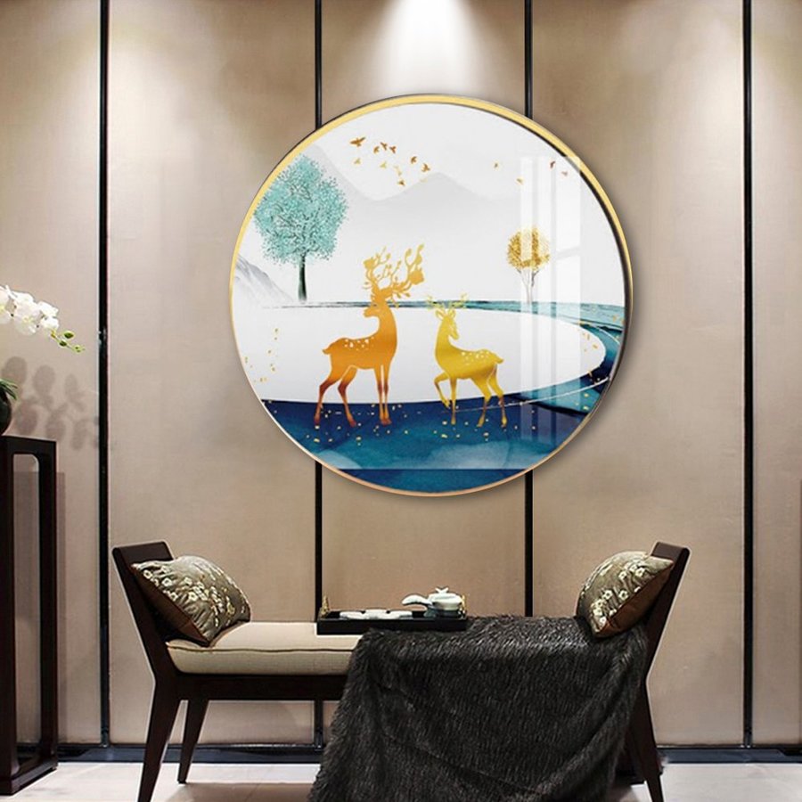 Tranh Tròn Tráng Gương Đôi Hươu Vàng Nghệ Thuật