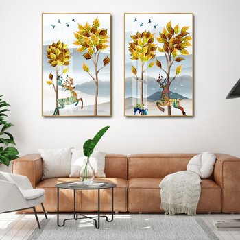 Tranh treo tường Đôi Hươu và cây xanh nghệ thuật 2 tấm