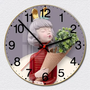 Weinlese-Uhr-Kaninchen-Mädchen und Blumen
