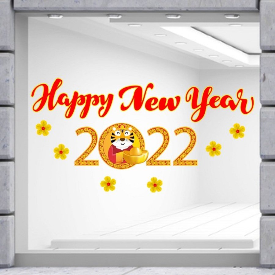 Decal trang trí tết hoa mai vàng Happy New Year 2022