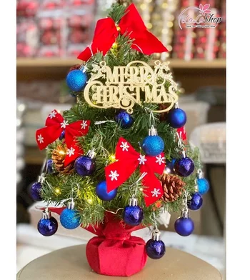 Cây thông Noel mini hình nón với phụ kiện màu xanh