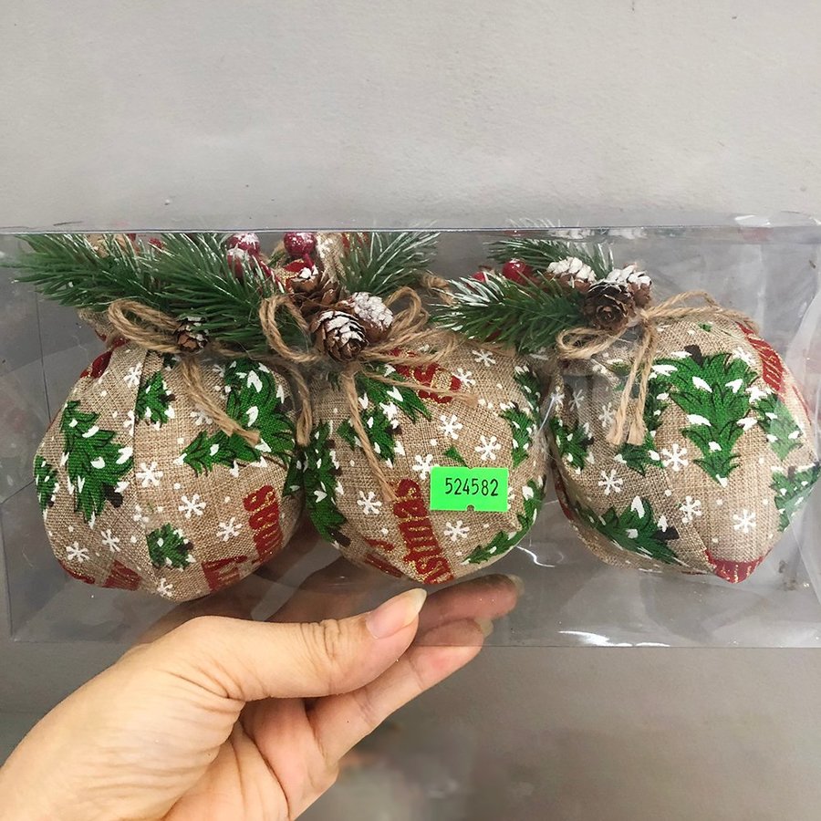 Hộp 3 quả châu 8cm vải họa tuyết cây thông và quả thông trang trí noel