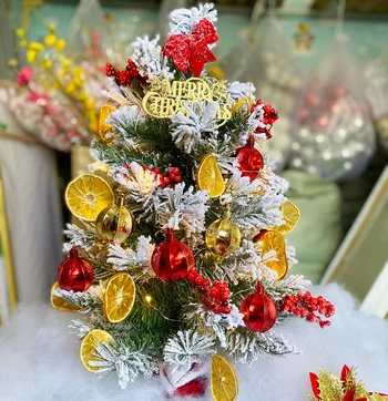 Cây thông mini phủ tuyết trang trí cam và bảng merry christmas