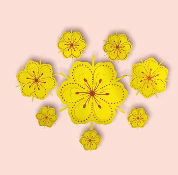 Combo 8 hoa mai vàng nhụy đỏ kim tuyến trang trí tết