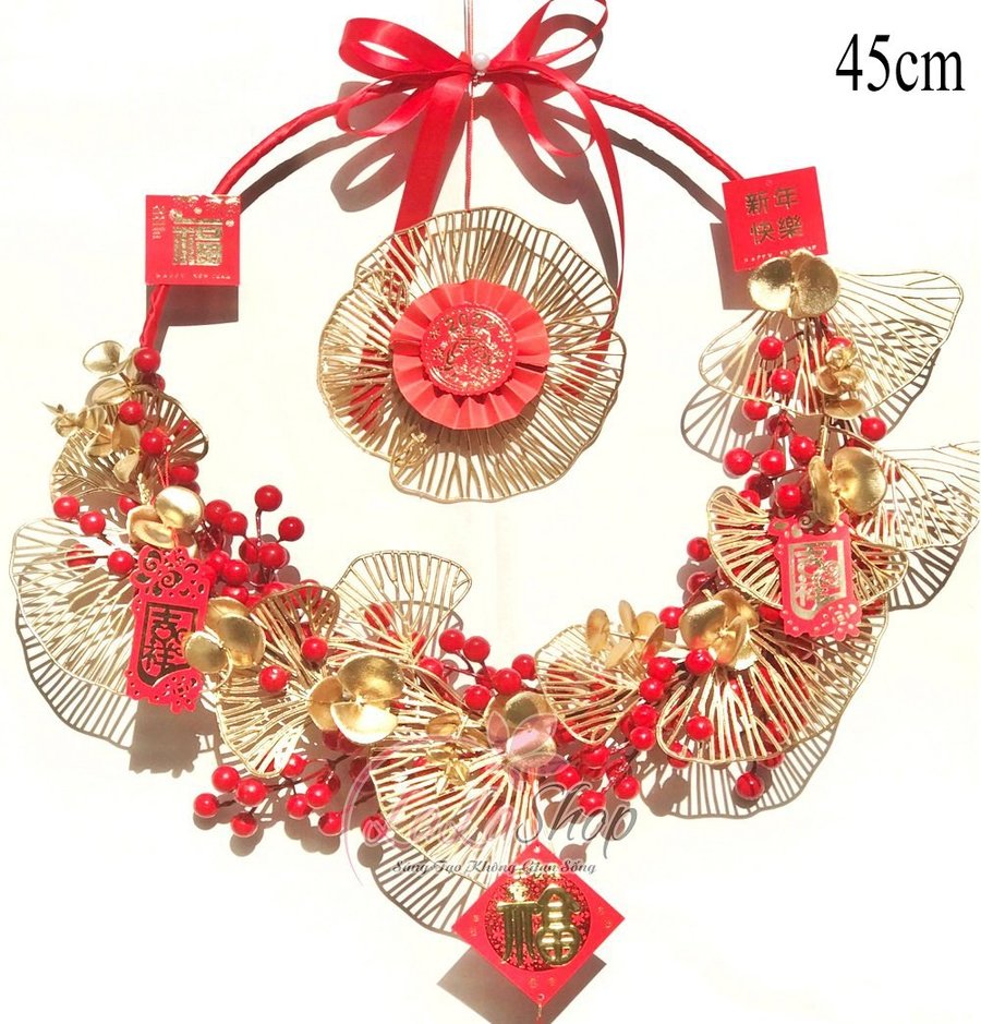 Vòng hoa trang trí tết lá rẻ quạt vàng và lộc treo đỏ