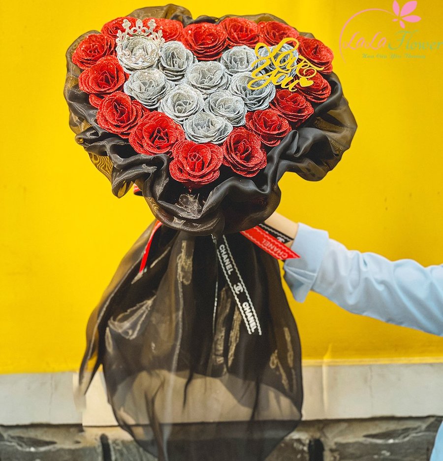 Bó hoa hồng nhũ kim tuyến 25 bông cao cấp gửi trao yêu thương