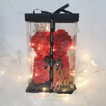 Hộp quà hoa hồng xốp hình gấu size 23cm có đèn LED và vương miện