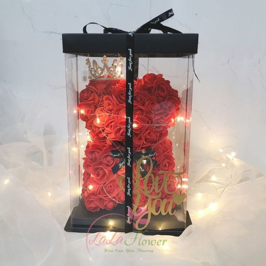 Hộp quà tặng Gấu hoa hồng xốp size 23cm kèm đèn LED và Vương miệng
