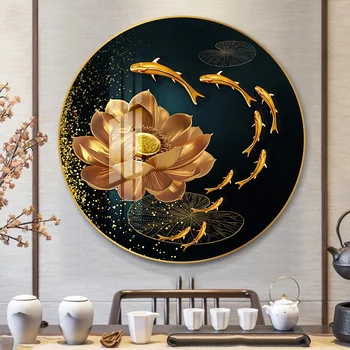 Spiegelrunde Malerei Goldener Lotus und Glückskarpfen