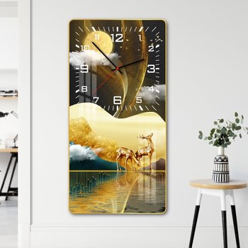 Tranh đồng hồ treo tường tráng gương nai vàng và rừng đêm vàng