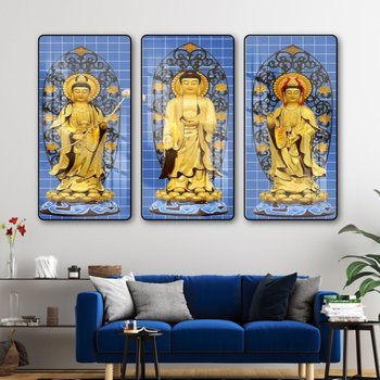 Tranh treo tường tam thế phật đứng trên tòa sen vàng bộ 3 tấm