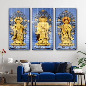 Wandmalerei von drei Buddhas, die auf einem goldenen Lotus stehen, 3er-Set