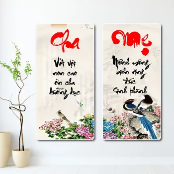 Tranh thư pháp bố mẹ và đôi chim công