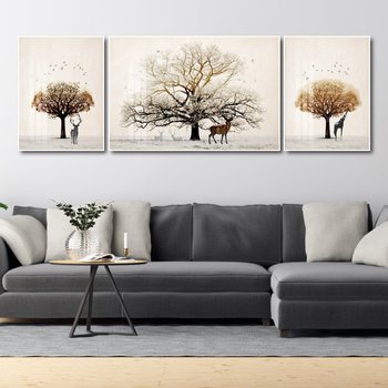 Set aus 3 Wandbildern mit Hirsch- und Baumkunst