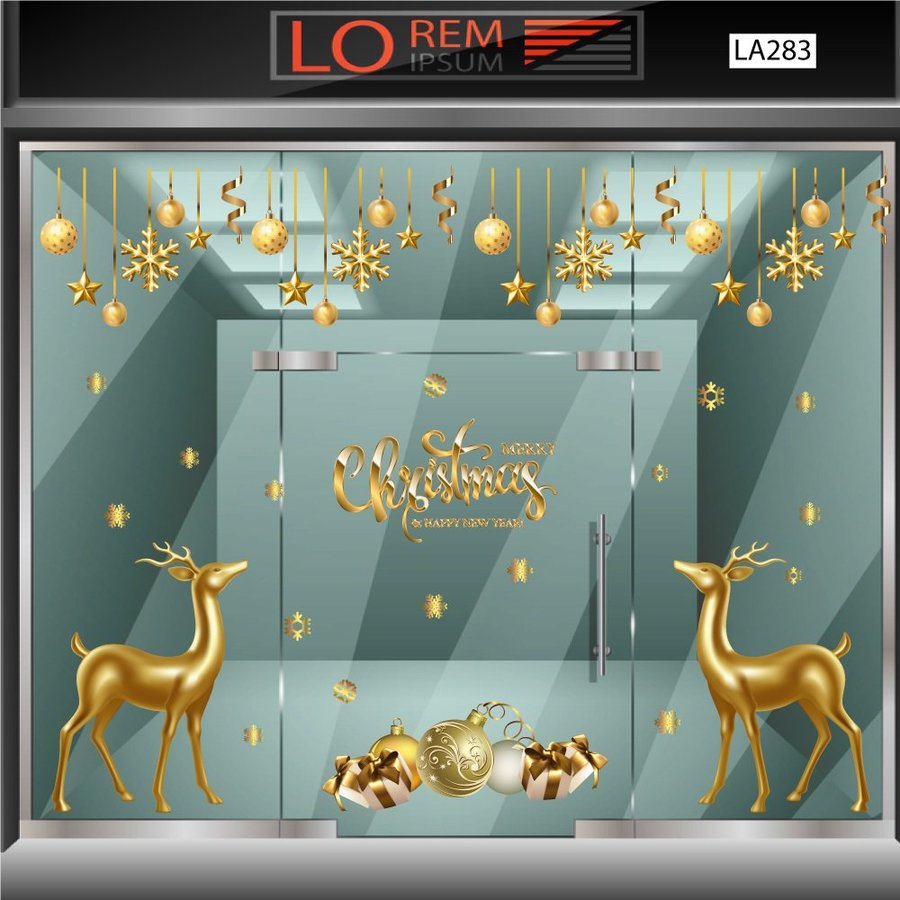Combo decal trang trí noel merry christmas và tuần lộc vàng