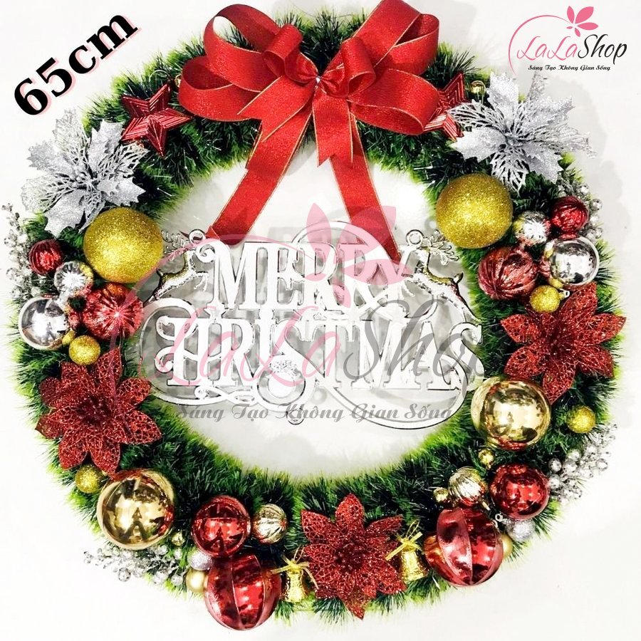 Vòng Nguyệt Quế Trang Trí Noel Nơ Đỏ Lớn Kèm Chữ Merry Christmas 27 - 65cm