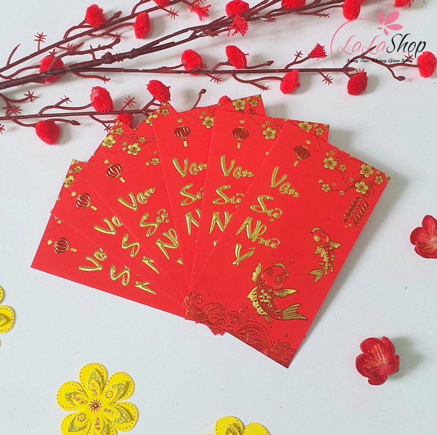Combo 6 Bao Lì Xì In Nổi 3D Màu Đỏ Cá Chép Hoa Mai Vạn Sự Như Ý