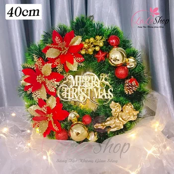 Vòng Nguyệt Quế 40cm Trang Trí Merry Christmas Hoa Đỏ Vàng Treo Cửa Có Kèm Đèn Led