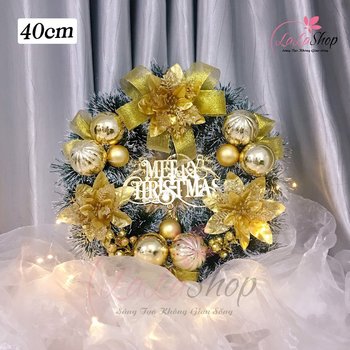 Vòng Nguyệt Quế 40cm Trang Trí Merry Christmas Hoa Và Châu Vàng Treo Cửa Có Kèm Đèn Led