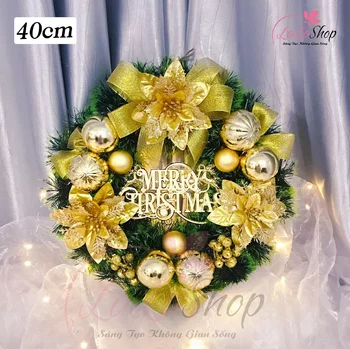 Vòng Nguyệt Quế 40cm Trang Trí Merry Christmas Hoa Vàng Treo Cửa Có Kèm Đèn Led Mẫu 1