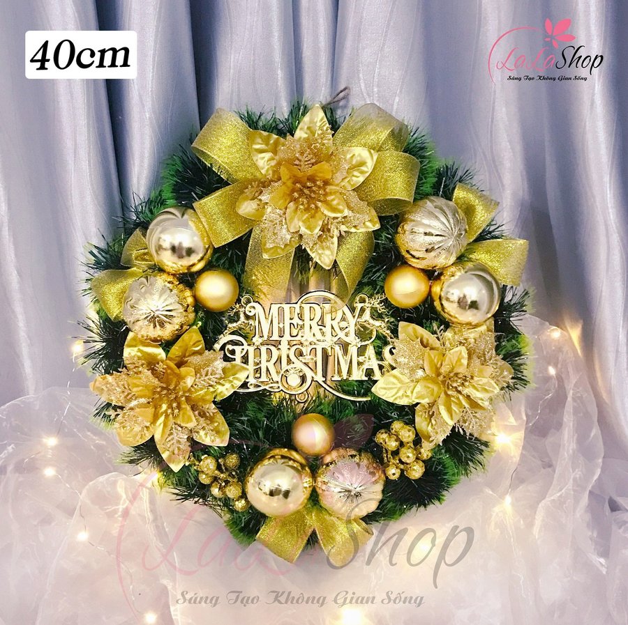 Vòng Nguyệt Quế 40cm Trang Trí Merry Christmas Hoa Vàng Treo Cửa Có Kèm Đèn Led Mẫu 1