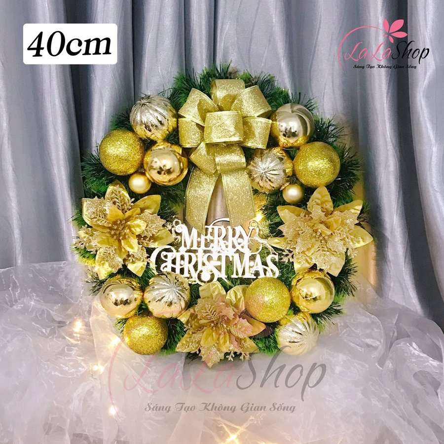 Vòng Nguyệt Quế 40cm Trang Trí Merry Christmas Hoa Vàng Treo Cửa Có Kèm Đèn Led Mẫu 2