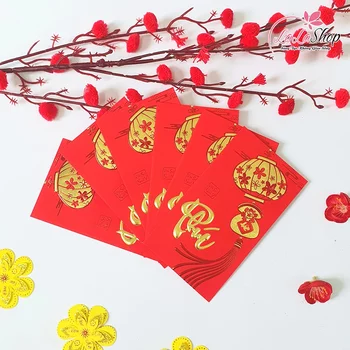 Combo 6 Bao Lì Xì In Nổi 3D Màu Đỏ Chữ Phúc Lồng Đèn Vạn Sự Như Ý