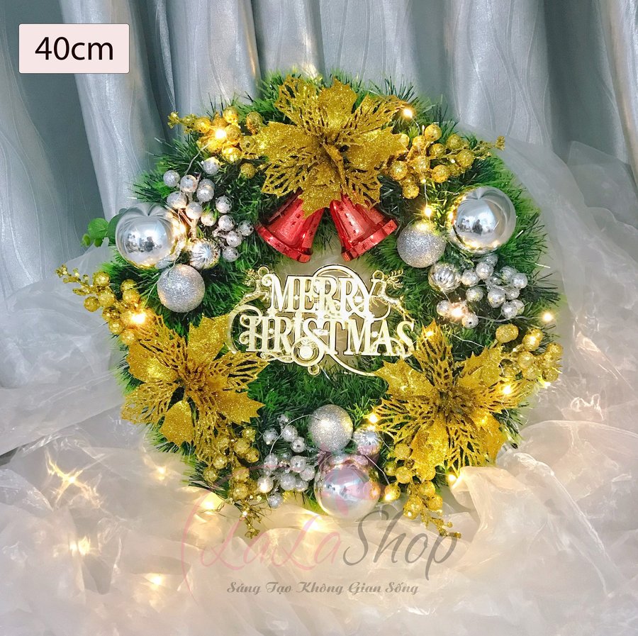 Vòng Nguyệt Quế 40cm Trang Trí Merry Christmas Hoa Trạng Nguyên Treo Cửa Có Kèm Đèn Led