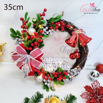 Vòng Nguyệt Quế 35cm Trang Trí Merry Christmas Treo Cửa Có Kèm Đèn Led