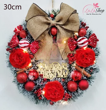 Vòng nguyệt quế 30cm trang trí merry christmas sắc đỏ treo cửa có kèm đèn led