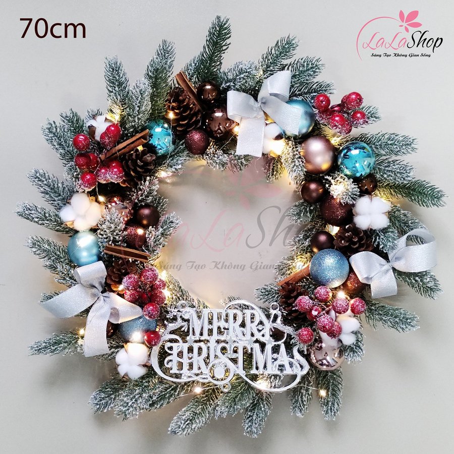 Vòng nguyệt quế 70cm trang trí merry christmas quả châu cherry treo cửa kèm đèn led