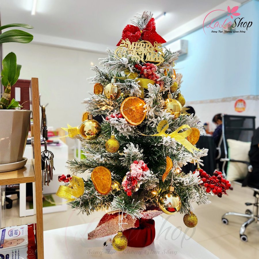 Cây Thông Noel Mini 60cm Sắc Vàng Trắng Full Phụ Kiện Mẫu 12