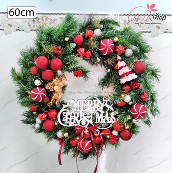 Vòng nguyệt quế 60cm trang trí noel quả thông cherry sắc màu treo cửa kèm đèn led