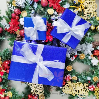 Bộ 3 hộp quà noel xanh nơ bạc trang trí cây thông noel làm quà tặng - mẫu 07