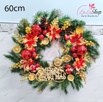 Vòng nguyệt quế 60cm trang trí noel merry Christmas quả châu hoa trạng nguyên sắc màu kèm đèn led