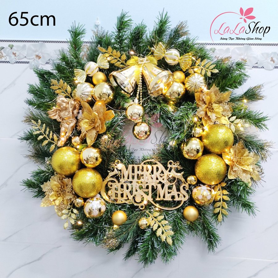 Vòng nguyệt quế 65cm trang trí noel merry Christmas sắc vàng treo cửa kèm đèn led