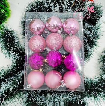Schachtel mit 12 Juwelen 6 cm rosa Ton mit allerlei Weihnachtsschmuck