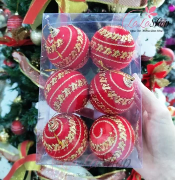 Hộp 6 quả châu đỏ họa tiết vân vàng trang trí cây thông noel