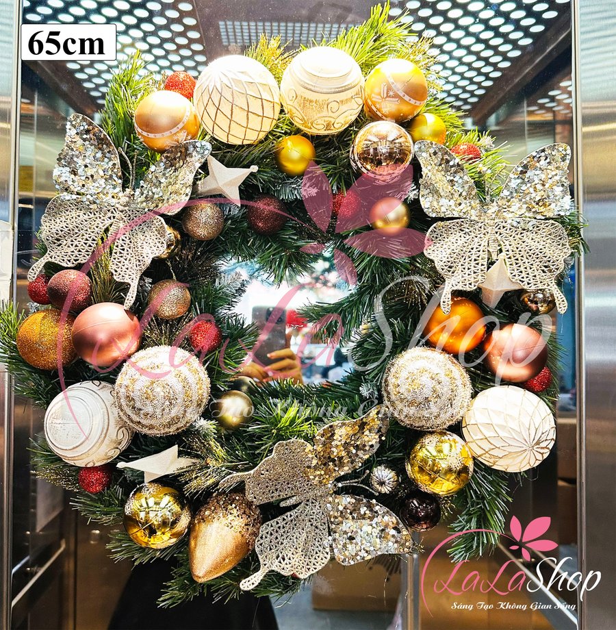 Vòng Nguyệt Quế Xanh 65cm Bướm Vàng Lấp Lánh Trang Trí Noel Kèm Đèn Led