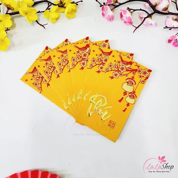 Combo 6 Bao Lì Xì In Nổi 3D Màu Vàng Lồng Đèn Hoa Mai Chữ Phúc