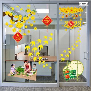 Combo Decal Trang Trí Tết Bé Gói Bánh Chưng Dưới Cành Mai Vàng
