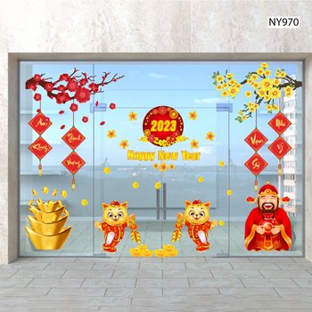 Combo Decal Trang Trí Tết Thần Tài Đón Xuân Và Mèo Vàng Phát Tài
