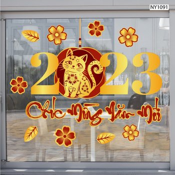 Decal trang trí tết mèo thần tài chúc mừng năm mới 2023 mẫu 91