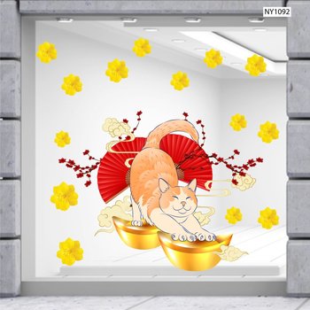 Decal Trang Trí Tết Mèo Và Vàng Tài Lộc