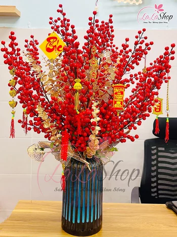 Bình hoa đào lớn để bàn lớn có phụ kiện treo trang trí tết
