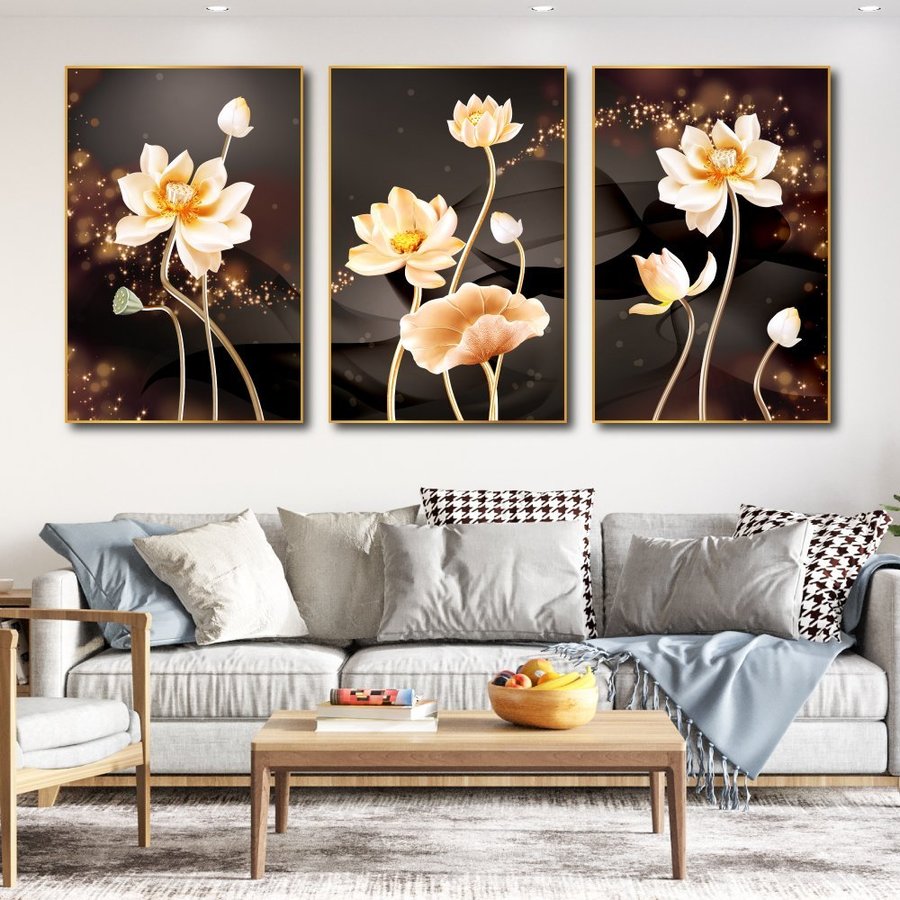 tranh treo tường hoa sen vàng kích thước 3 tấm 40x60cm (S)