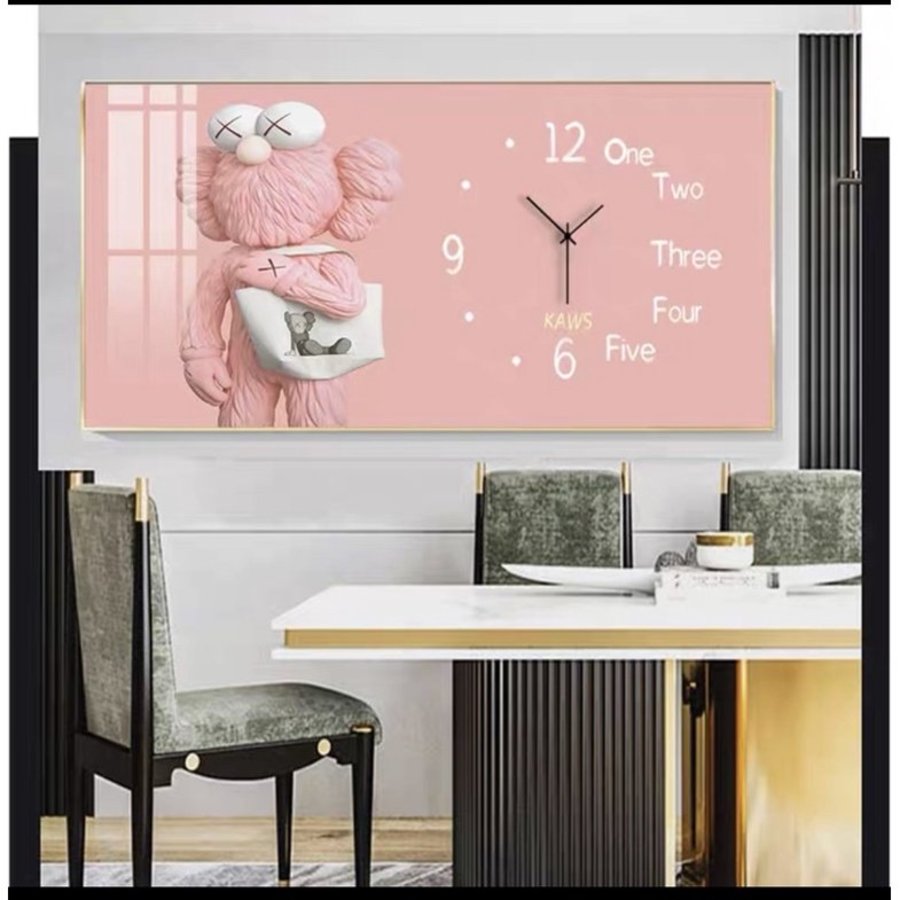 Tranh Đồng Hồ Treo Tường UV Pha Lê Bóng Gấu Kaws Hồng 2