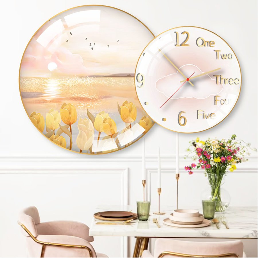 Tranh Đồng Hồ Treo Tường UV Pha Lê Bóng Hoa Tulip Nghệ Thuật