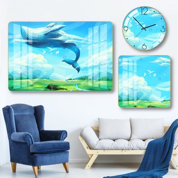 Tranh Đồng Hồ Treo Tường Cá Voi Xanh Bay Trên Bầu Trời Mẫu 2