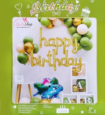 Set bong bóng trang trí sinh nhật happy birthday khủng long con màu xanh